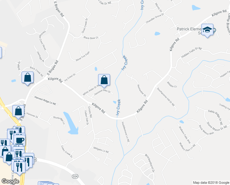 map of restaurants, bars, coffee shops, grocery stores, and more near 2402 Jasmine Glen Drive in Buford