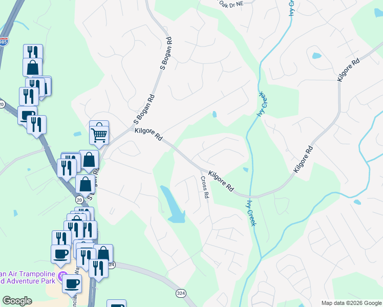 map of restaurants, bars, coffee shops, grocery stores, and more near 2180 Kilgore Road in Buford