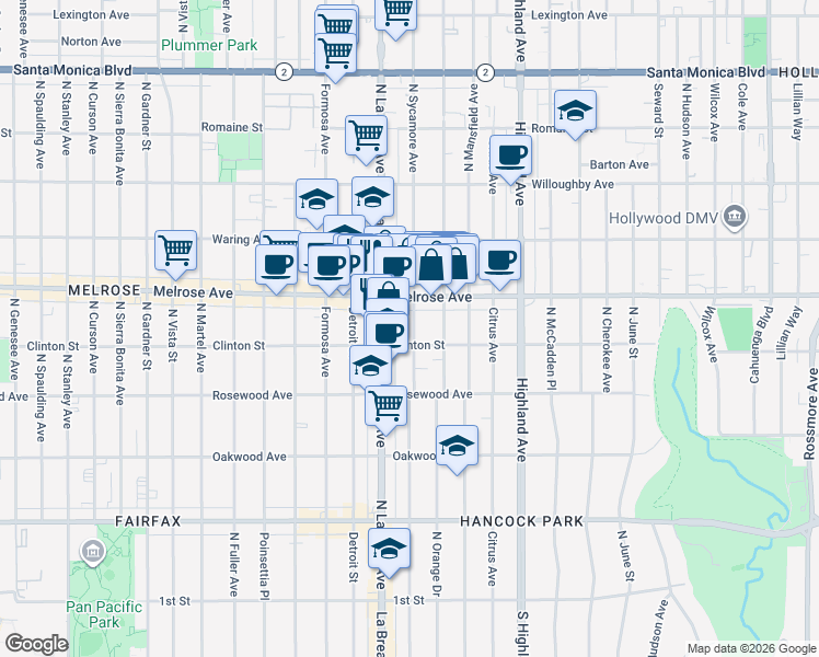 map of restaurants, bars, coffee shops, grocery stores, and more near 636 2/5 North Sycamore Avenue in Los Angeles