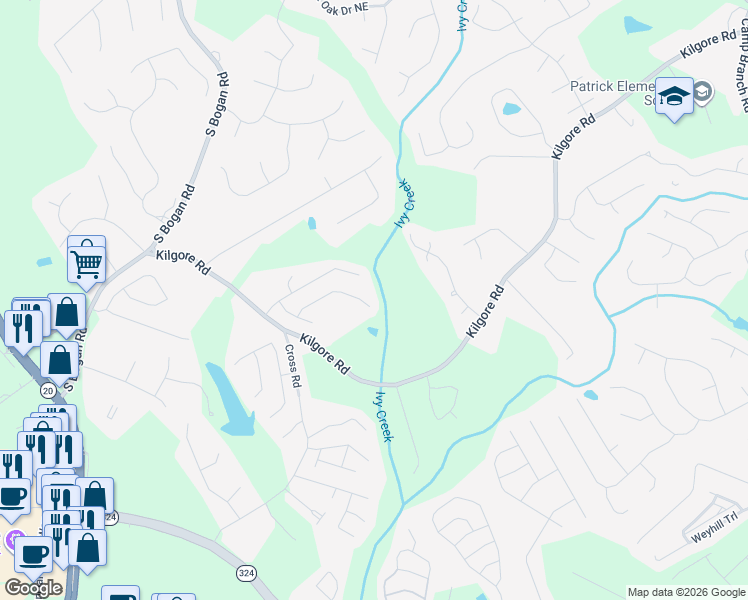 map of restaurants, bars, coffee shops, grocery stores, and more near 2402 Jasmine Glen Drive in Buford