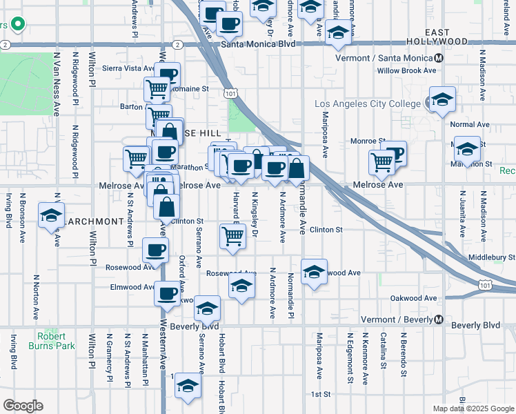 map of restaurants, bars, coffee shops, grocery stores, and more near 643 North Kingsley Drive in Los Angeles