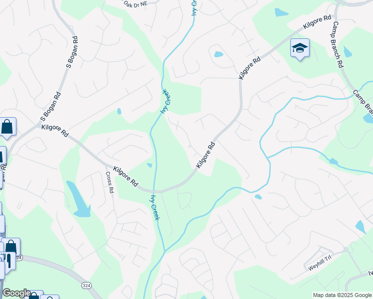 map of restaurants, bars, coffee shops, grocery stores, and more near 3470 Kentwater Drive in Buford