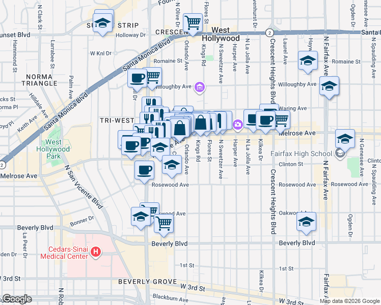 map of restaurants, bars, coffee shops, grocery stores, and more near 610 Orlando Avenue in West Hollywood