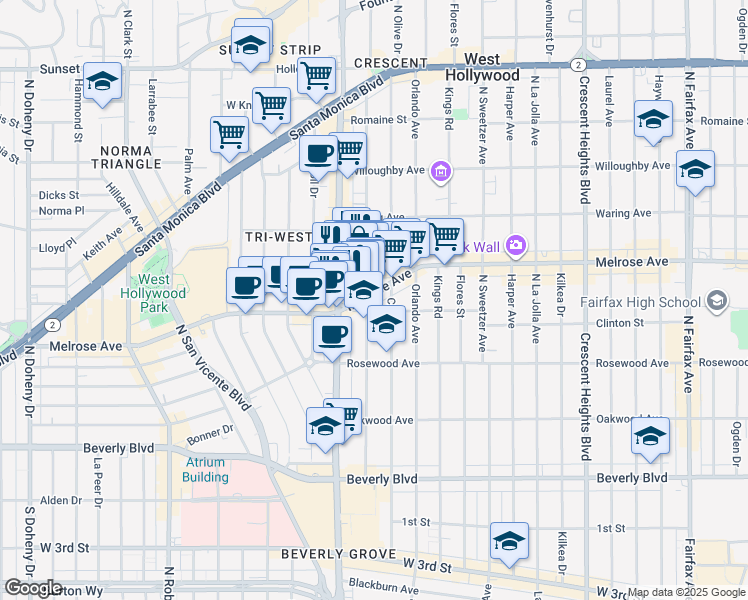 map of restaurants, bars, coffee shops, grocery stores, and more near 630 North La Cienega Boulevard in Los Angeles