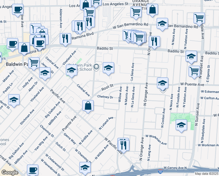 map of restaurants, bars, coffee shops, grocery stores, and more near 15102 Root Street in Baldwin Park