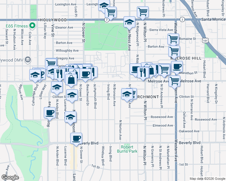 map of restaurants, bars, coffee shops, grocery stores, and more near 621 North Bronson Avenue in Los Angeles
