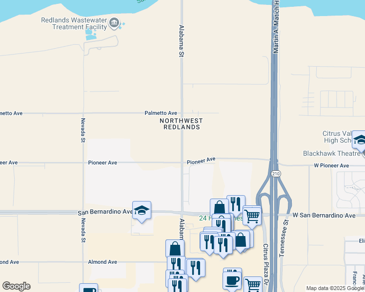map of restaurants, bars, coffee shops, grocery stores, and more near 9375 Alabama Street in Redlands