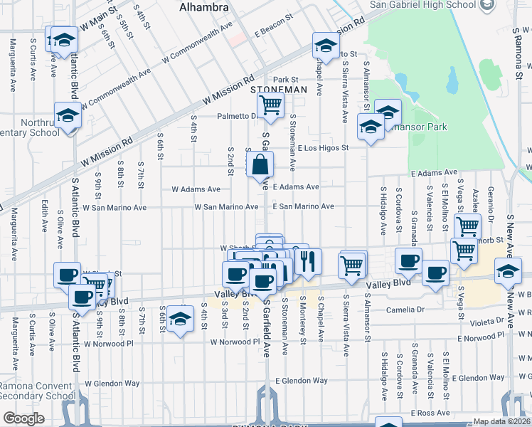 map of restaurants, bars, coffee shops, grocery stores, and more near South Garfield Avenue in Alhambra
