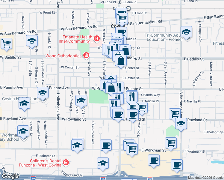 map of restaurants, bars, coffee shops, grocery stores, and more near 405 South Citrus Avenue in Covina