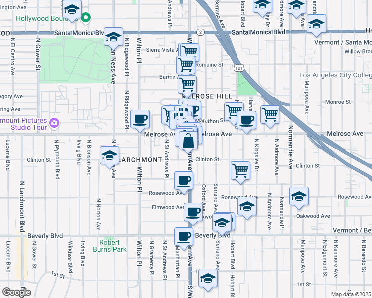 map of restaurants, bars, coffee shops, grocery stores, and more near 641 North Western Avenue in Los Angeles