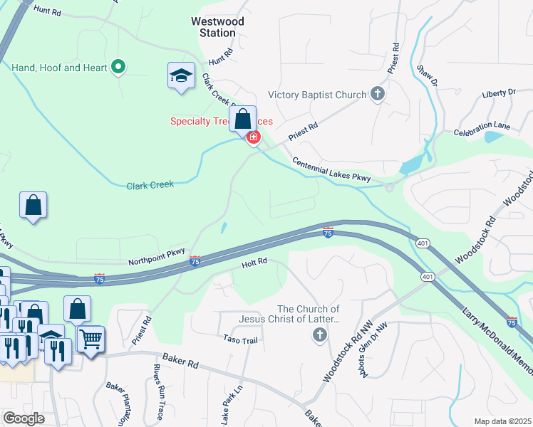 map of restaurants, bars, coffee shops, grocery stores, and more near 385 Franklin Lane in Acworth