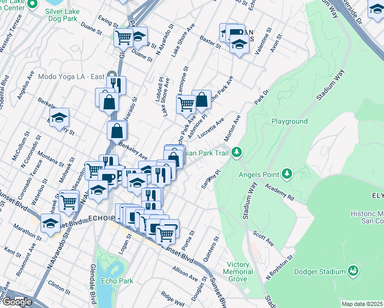 map of restaurants, bars, coffee shops, grocery stores, and more near North Adamson Street in Los Angeles