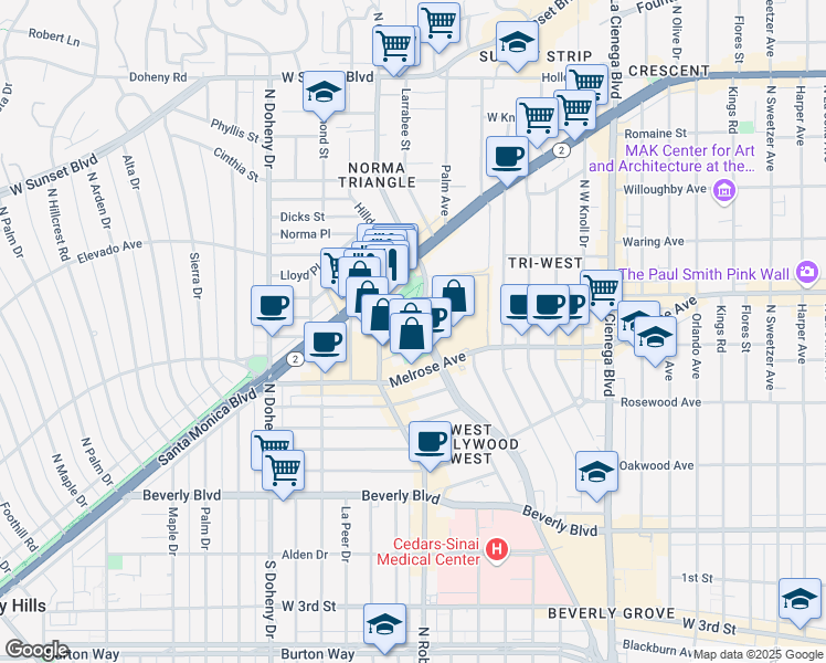 map of restaurants, bars, coffee shops, grocery stores, and more near 647 North San Vicente Boulevard in West Hollywood