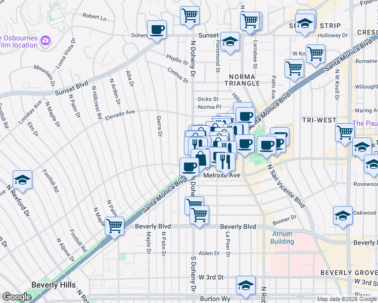 map of restaurants, bars, coffee shops, grocery stores, and more near 609 North Doheny Drive in Beverly Hills