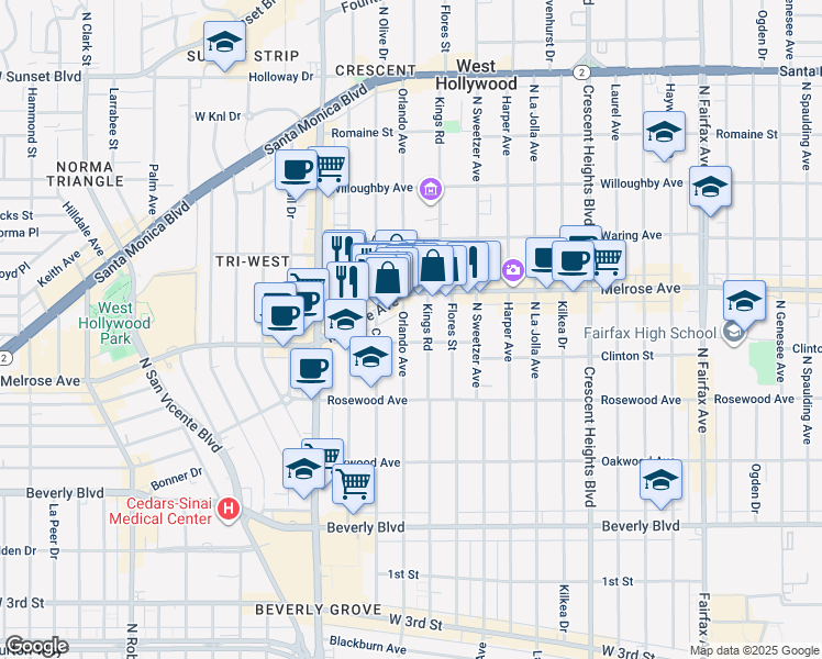 map of restaurants, bars, coffee shops, grocery stores, and more near 610 Orlando Avenue in West Hollywood