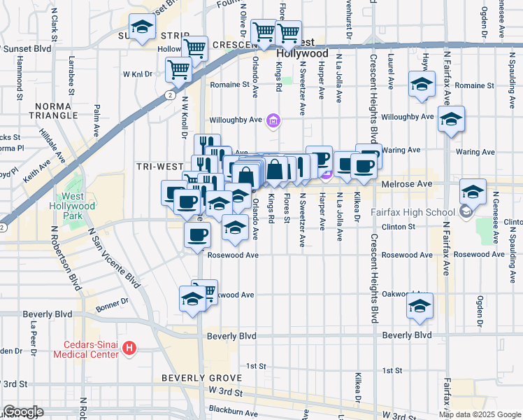 map of restaurants, bars, coffee shops, grocery stores, and more near 610 Orlando Avenue in West Hollywood