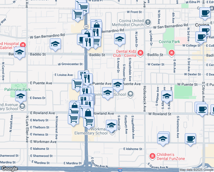 map of restaurants, bars, coffee shops, grocery stores, and more near 1922 East Puente Avenue in West Covina