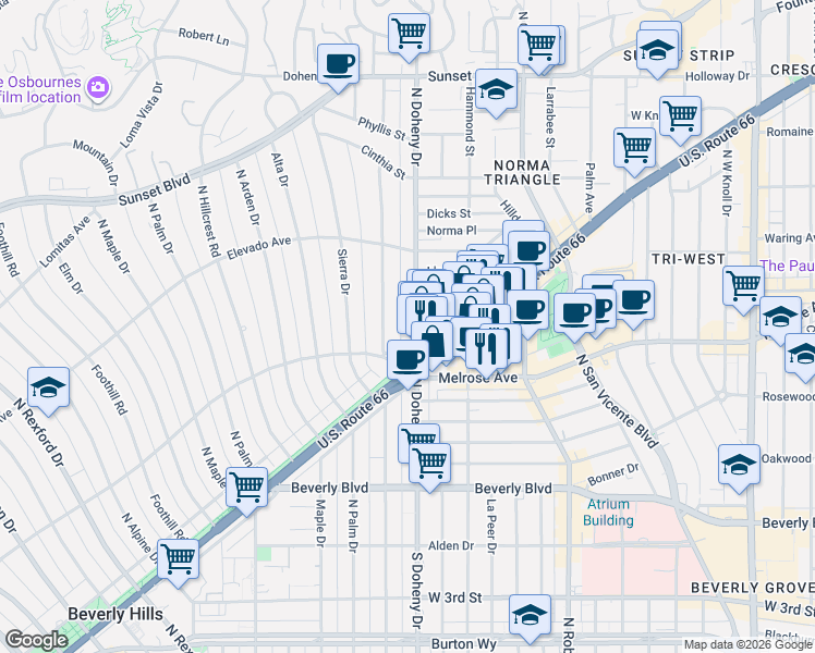 map of restaurants, bars, coffee shops, grocery stores, and more near 609 North Doheny Drive in Beverly Hills