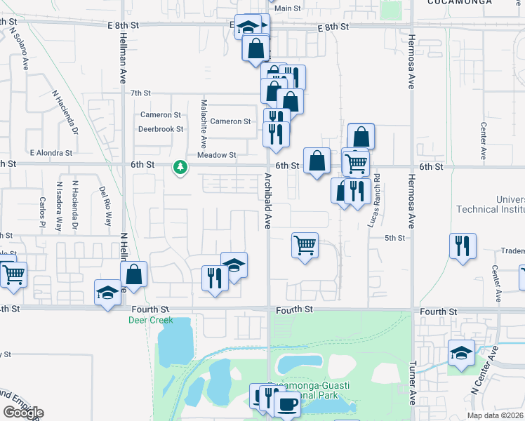 map of restaurants, bars, coffee shops, grocery stores, and more near 9427 Sun Meadow Court in Rancho Cucamonga