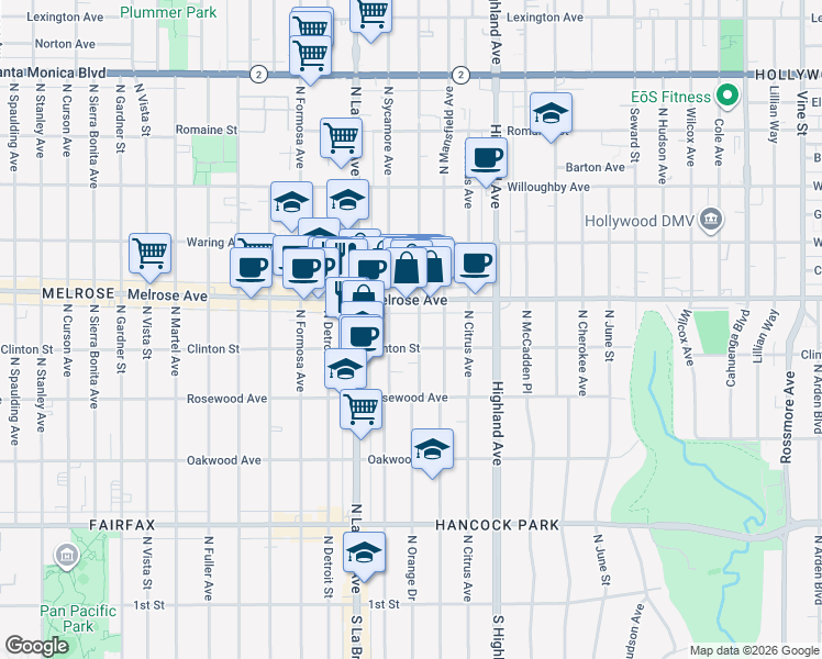 map of restaurants, bars, coffee shops, grocery stores, and more near 636 North Sycamore Avenue in Los Angeles
