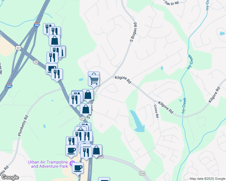 map of restaurants, bars, coffee shops, grocery stores, and more near 2295 Harvest Ridge Circle Northeast in Buford
