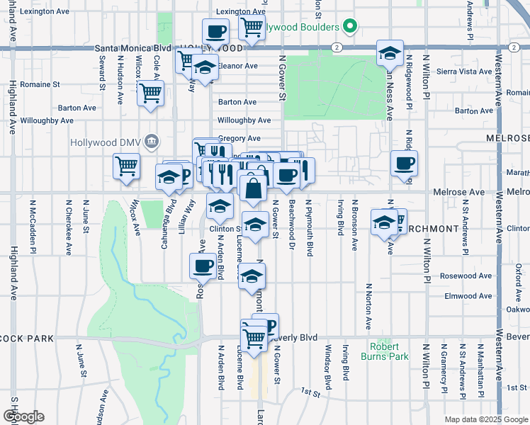 map of restaurants, bars, coffee shops, grocery stores, and more near 643 North Gower Street in Los Angeles