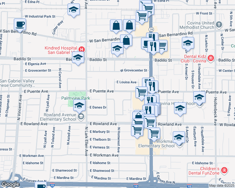 map of restaurants, bars, coffee shops, grocery stores, and more near 1550 East Puente Street in Covina
