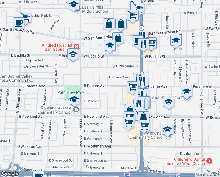 map of restaurants, bars, coffee shops, grocery stores, and more near 1607 East Puente Avenue in West Covina