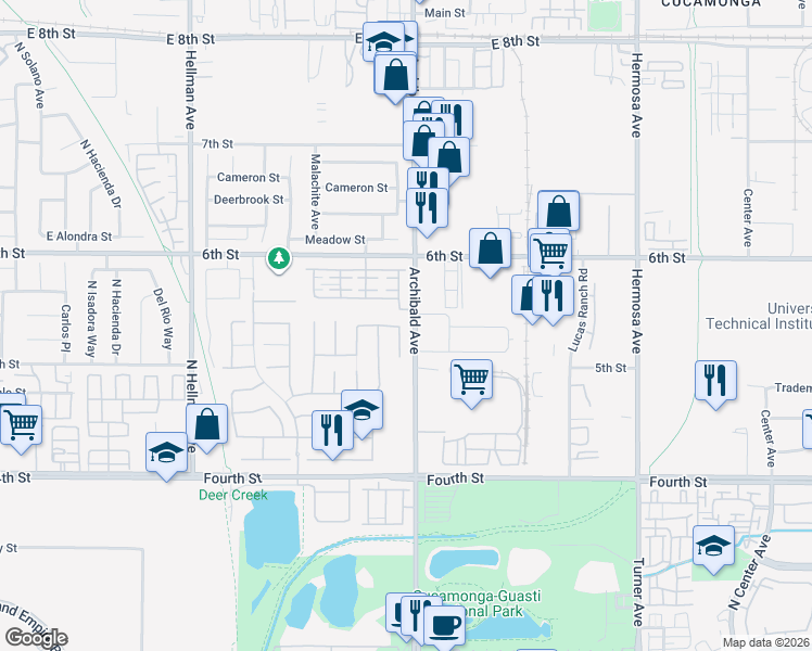 map of restaurants, bars, coffee shops, grocery stores, and more near 9427 Sun Meadow Court in Rancho Cucamonga