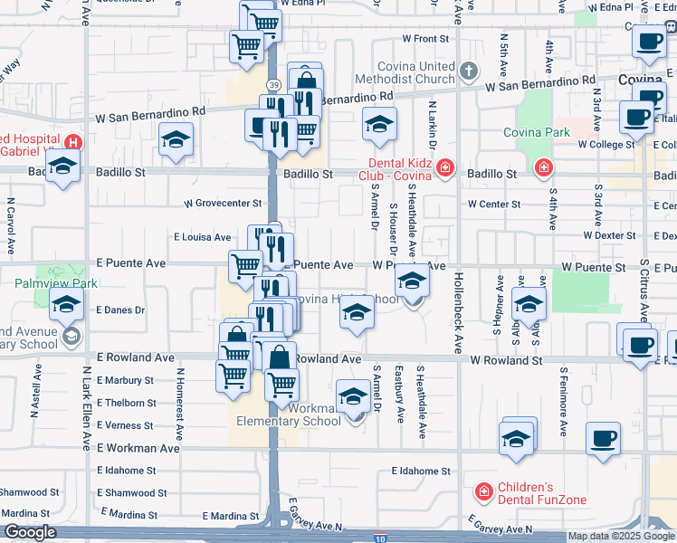 map of restaurants, bars, coffee shops, grocery stores, and more near 1922 East Puente Avenue in West Covina