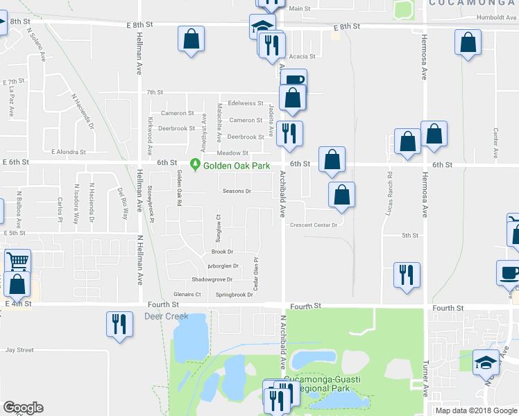 map of restaurants, bars, coffee shops, grocery stores, and more near 9457 Cedar Glen Place in Rancho Cucamonga