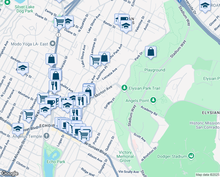 map of restaurants, bars, coffee shops, grocery stores, and more near 1711 Morton Avenue in Los Angeles