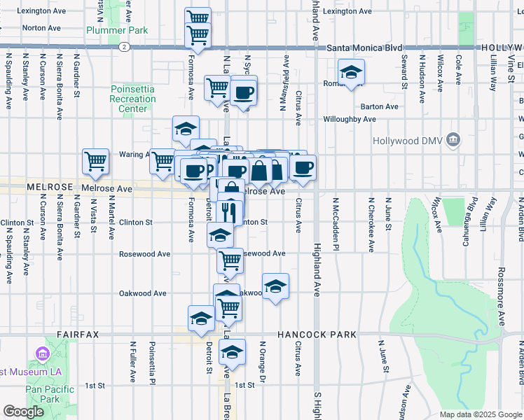 map of restaurants, bars, coffee shops, grocery stores, and more near 617 North Orange Drive in Los Angeles