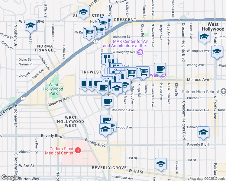 map of restaurants, bars, coffee shops, grocery stores, and more near 630 North La Cienega Boulevard in Los Angeles