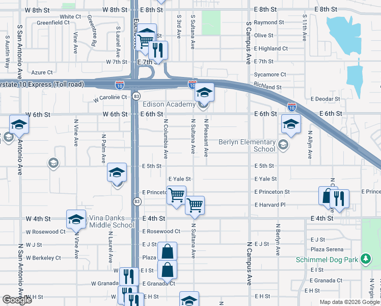 map of restaurants, bars, coffee shops, grocery stores, and more near 1329 North Sultana Avenue in Ontario