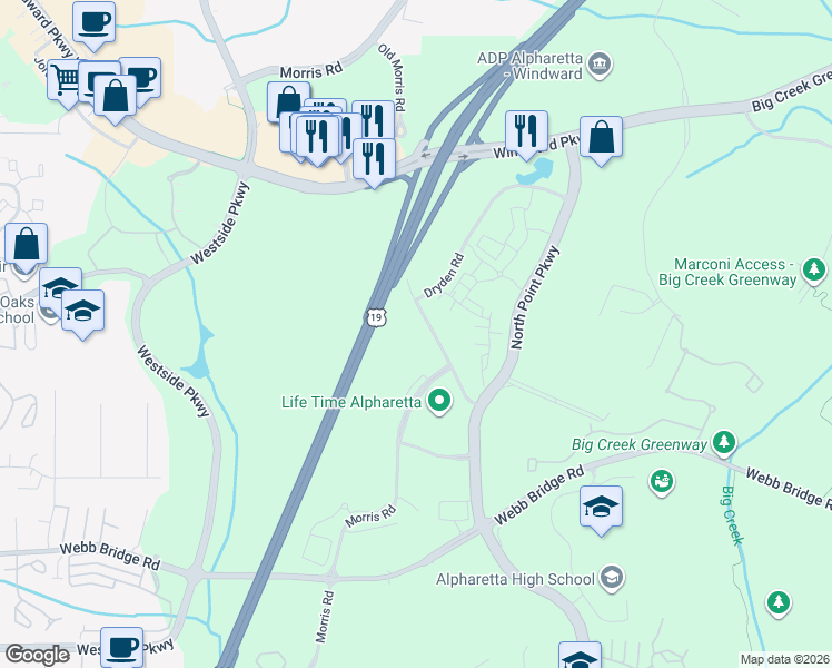 map of restaurants, bars, coffee shops, grocery stores, and more near 12426 Morris Road in Alpharetta