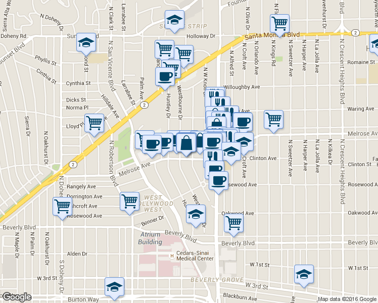 map of restaurants, bars, coffee shops, grocery stores, and more near 617 Westmount Drive in West Hollywood