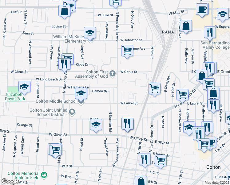 map of restaurants, bars, coffee shops, grocery stores, and more near 1419 North Pennsylvania Avenue in Colton