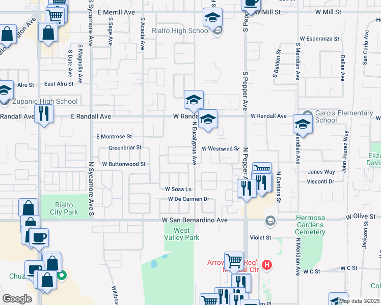 map of restaurants, bars, coffee shops, grocery stores, and more near 1897 West Westwind Street in Colton
