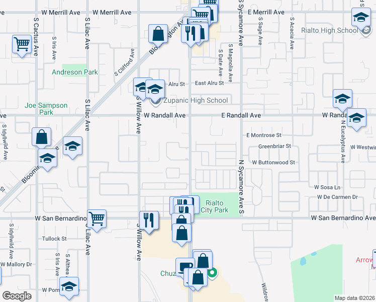 map of restaurants, bars, coffee shops, grocery stores, and more near 1012 South Riverside Avenue in Rialto