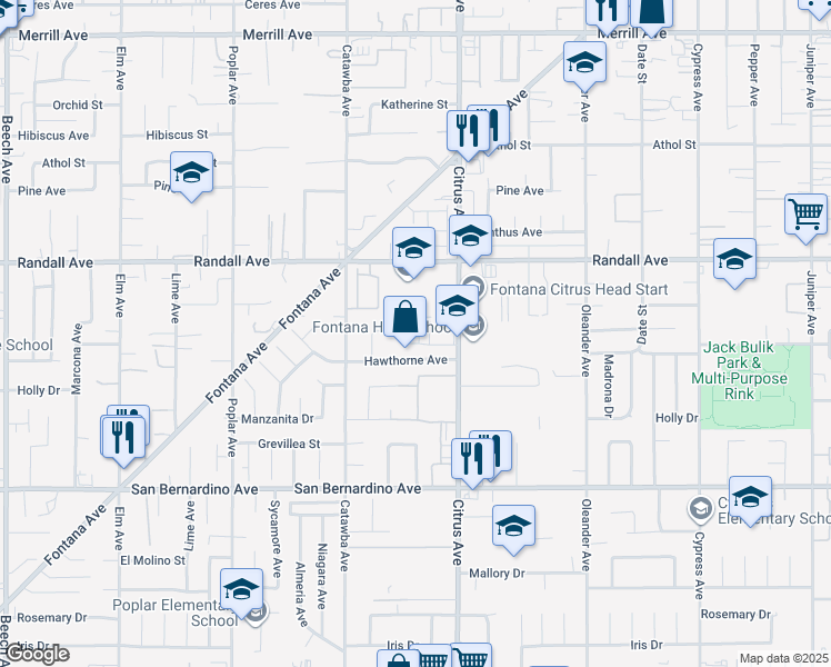 map of restaurants, bars, coffee shops, grocery stores, and more near 15994 Sequoia Avenue in Fontana