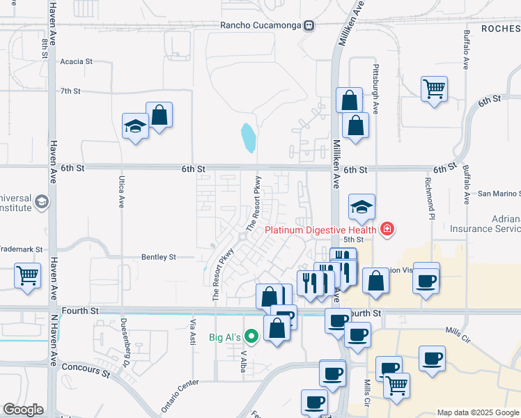 map of restaurants, bars, coffee shops, grocery stores, and more near 9412 Shade Place in Rancho Cucamonga