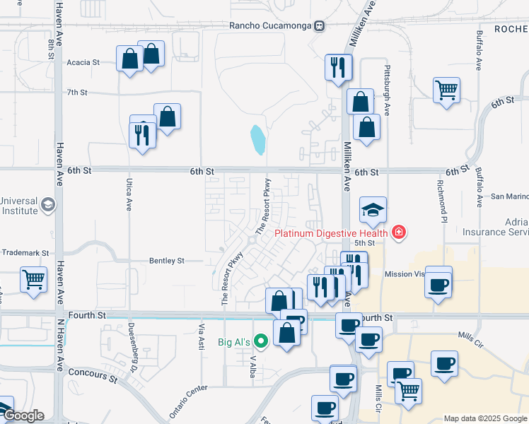 map of restaurants, bars, coffee shops, grocery stores, and more near 11015 6th Street in Rancho Cucamonga