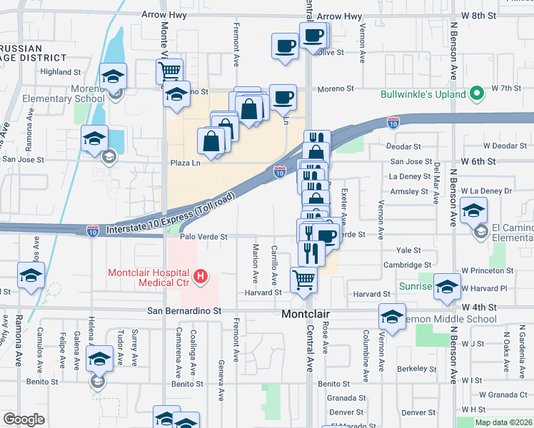 map of restaurants, bars, coffee shops, grocery stores, and more near 9404 Central Avenue in Montclair