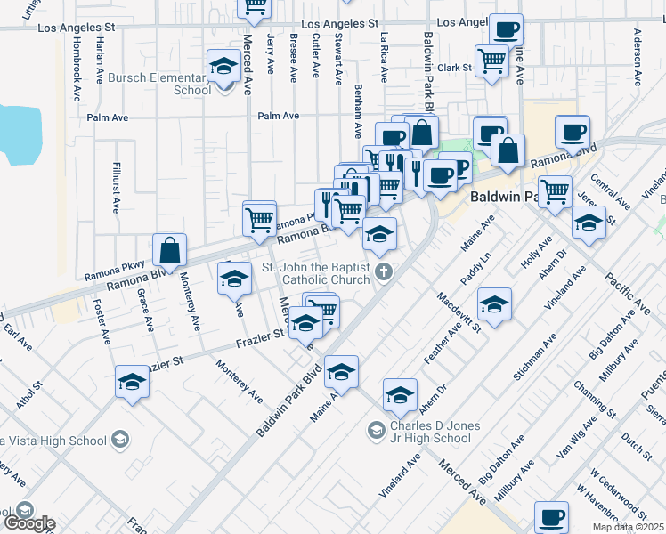 map of restaurants, bars, coffee shops, grocery stores, and more near 13940 Ramona Boulevard in Baldwin Park