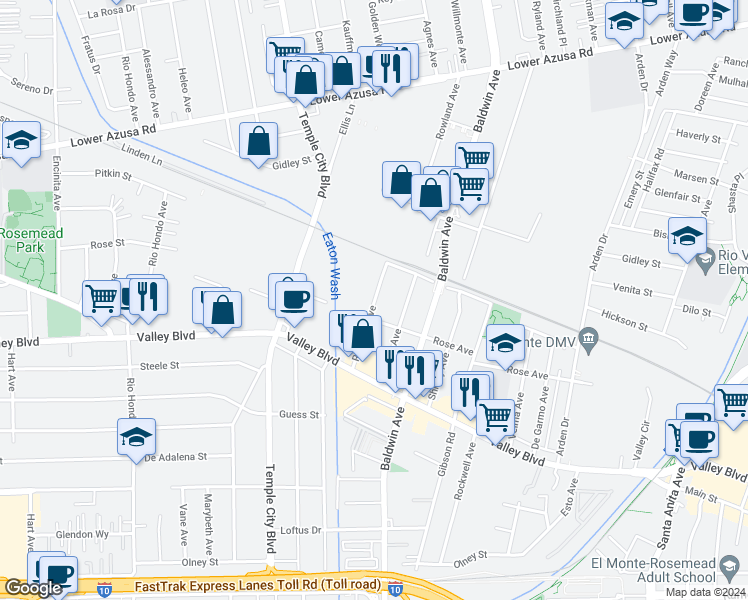 map of restaurants, bars, coffee shops, grocery stores, and more near 4135 Rowland Avenue in El Monte