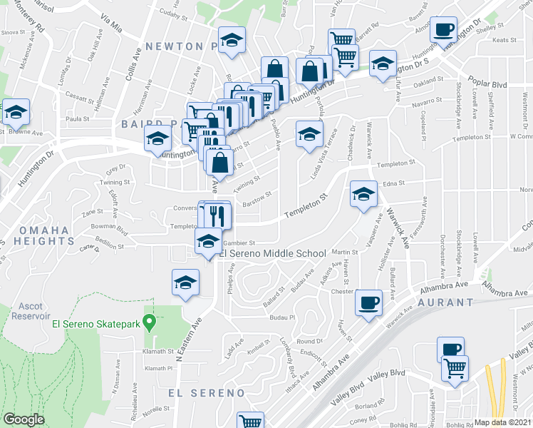 map of restaurants, bars, coffee shops, grocery stores, and more near 3225 Pueblo Avenue in Los Angeles