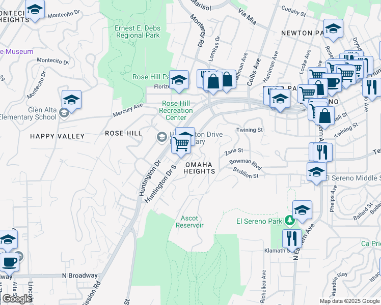 map of restaurants, bars, coffee shops, grocery stores, and more near 4451 Huntington Drive North in Los Angeles