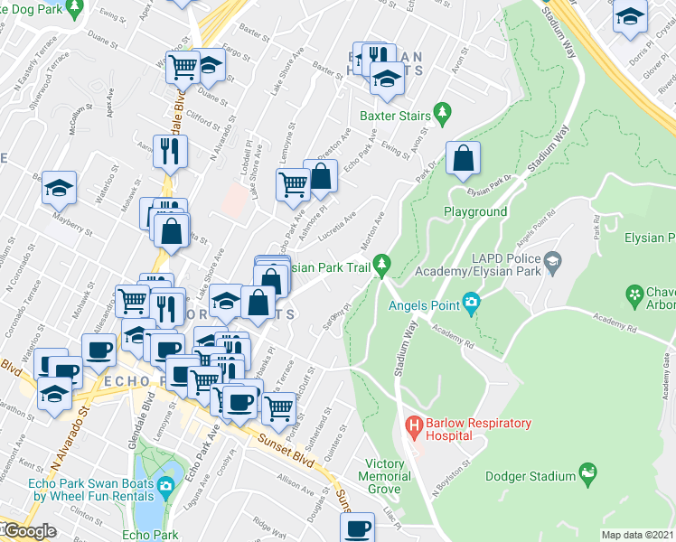 map of restaurants, bars, coffee shops, grocery stores, and more near 1711 Morton Avenue in Los Angeles