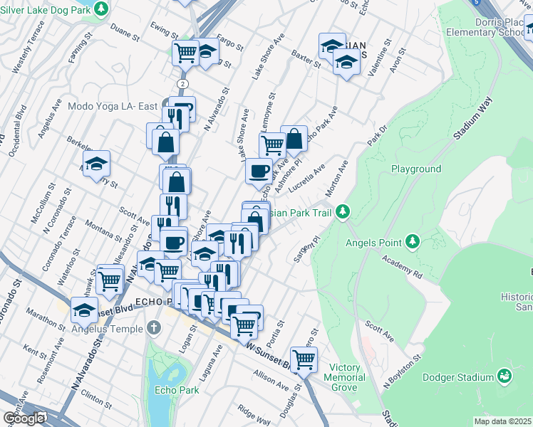 map of restaurants, bars, coffee shops, grocery stores, and more near 1712 Lucretia Avenue in Los Angeles